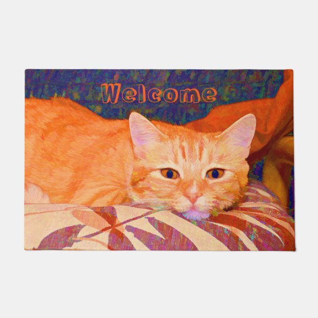 Funny Tabby Cat Bright Orange Niedlich Fußmatte (Vorderseite)