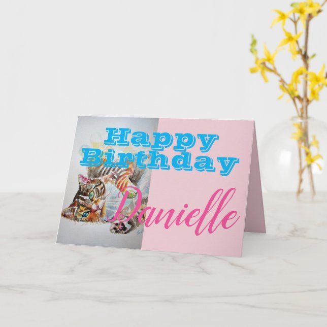 Funny Tabby Cat Happy Birthday Frauen Name Card Karte (Gelbe Blume)