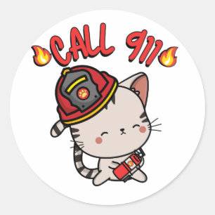 Funny tabby cat ist ein Feuerwehrmann Runder Aufkleber