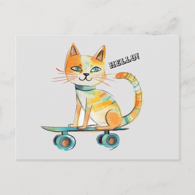 Funny Tabby Cat Skateboarding Postcard Postkarte (Vorderseite)