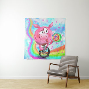 Funny Tapestry Acrobat Pig Cyclist mit Lollipop Wandteppich