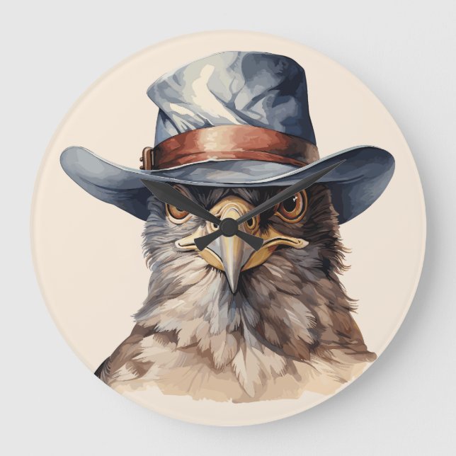 Funny Taube mit Cowboy-Hut, Aquarell Große Wanduhr (Vorderseite)