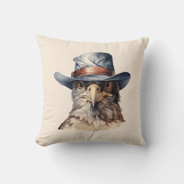 Funny Taube mit Cowboy-Hut, Aquarell Kissen (Vorderseite)