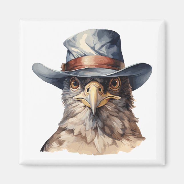 Funny Taube mit Cowboy-Hut, Aquarell Magnet (Vorne)