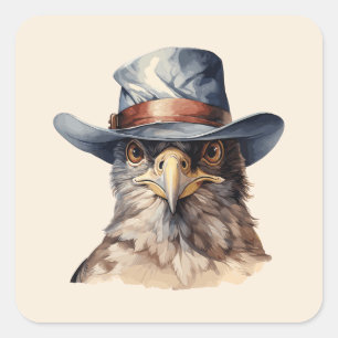 Funny Taube mit Cowboy-Hut, Aquarell Quadratischer Aufkleber