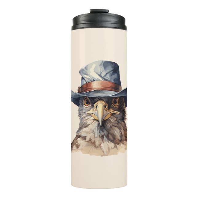 Funny Taube mit Cowboy-Hut, Aquarell Thermosbecher (Vorderseite)
