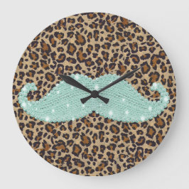 Funny Teal Green Bling Mustache And Animal Print Große Wanduhr