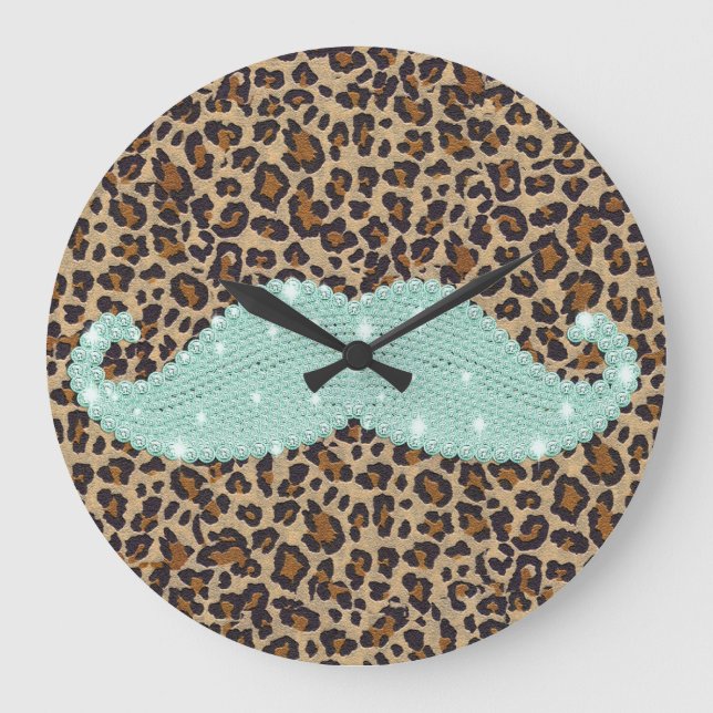 Funny Teal Green Bling Mustache And Animal Print Große Wanduhr (Vorderseite)