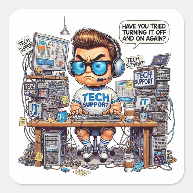 Funny Tech Support Cartoon Quadratischer Aufkleber (Vorderseite)