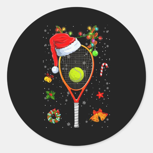 Funny Tennis Racket Reindeer Santa Hat Christmas L Runder Aufkleber (Vorderseite)