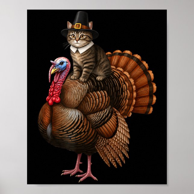 Funny Thanksgiving Cat On Turkey, Lgrim Hat Turkey Poster (Vorne)