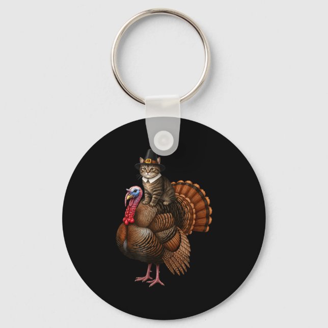 Funny Thanksgiving Cat On Turkey, Lgrim Hat Turkey Schlüsselanhänger (Vorderseite)