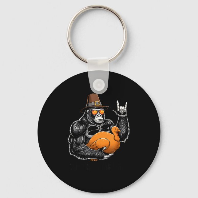 Funny Thanksgiving Gorilla Holding Turkey Lgrim Ha Schlüsselanhänger (Vorderseite)