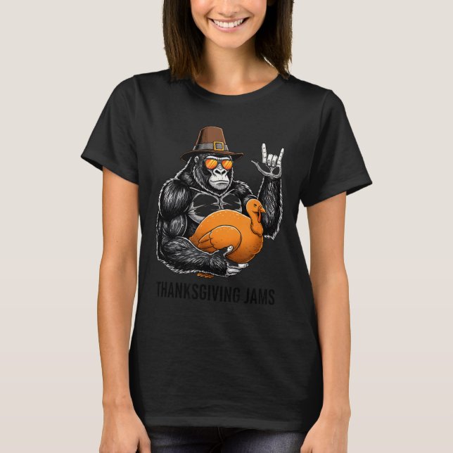 Funny Thanksgiving Gorilla Holding Turkey Lgrim Ha T-Shirt (Vorderseite)