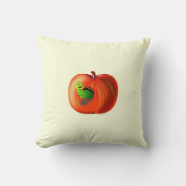 Funny Throw Kissen mit Happy Worm in Red Apple (Vorderseite)