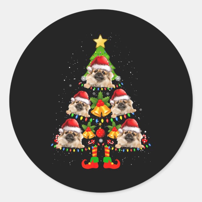 Funny Tibetan Spaniel Christmas Lights Tree Dog Lo Runder Aufkleber (Vorderseite)