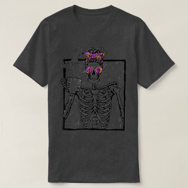 Funny TieDye Leopard Skeleton Kaffee Halloween Cos T-Shirt (Design vorne)