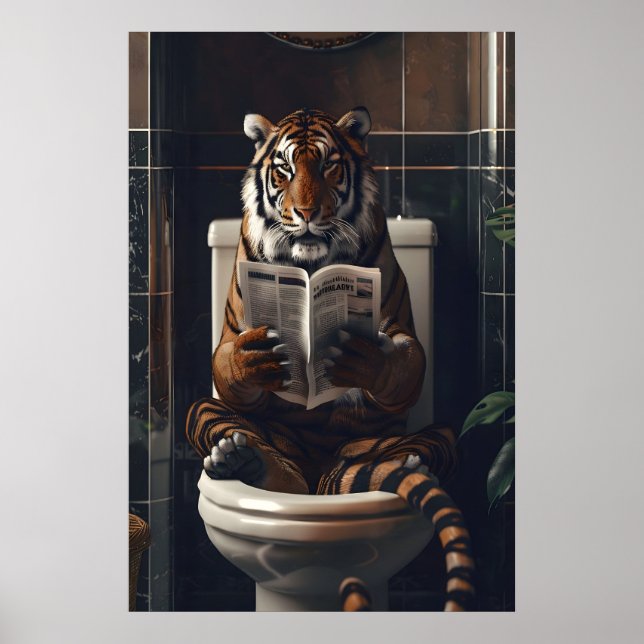 Funny Tiger Bathroom Print, Reading Newspaper on Poster (Vorne)