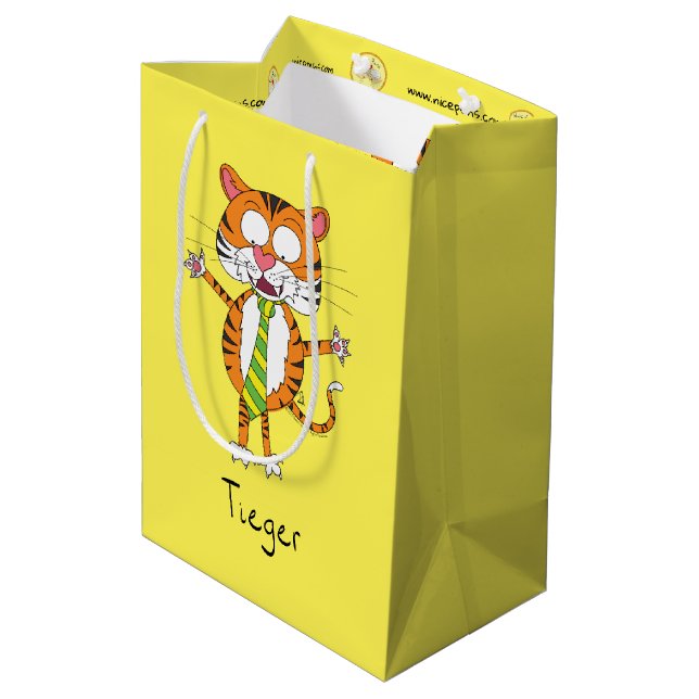 Funny Tiger in einer Krawatte Cartoon Kinder Mittlere Geschenktüte (Rückseite Schrägansicht)