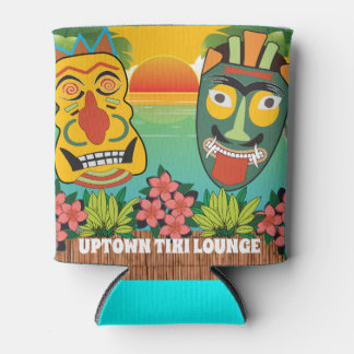 Funny Tiki Faces mit tropischem Sonnenuntergang un Dosenkühler