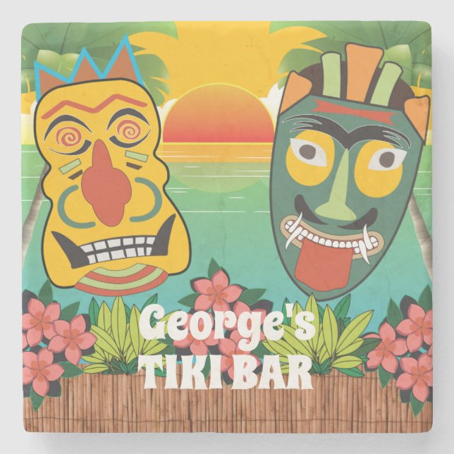 Funny Tiki Faces und tropischer Sonnenuntergang Steinuntersetzer (Vorderseite)
