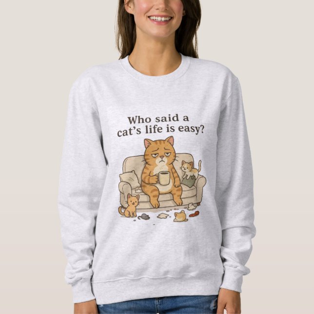 Funny Tired Cat Coffee Illustration Sweatshirt (Devant)