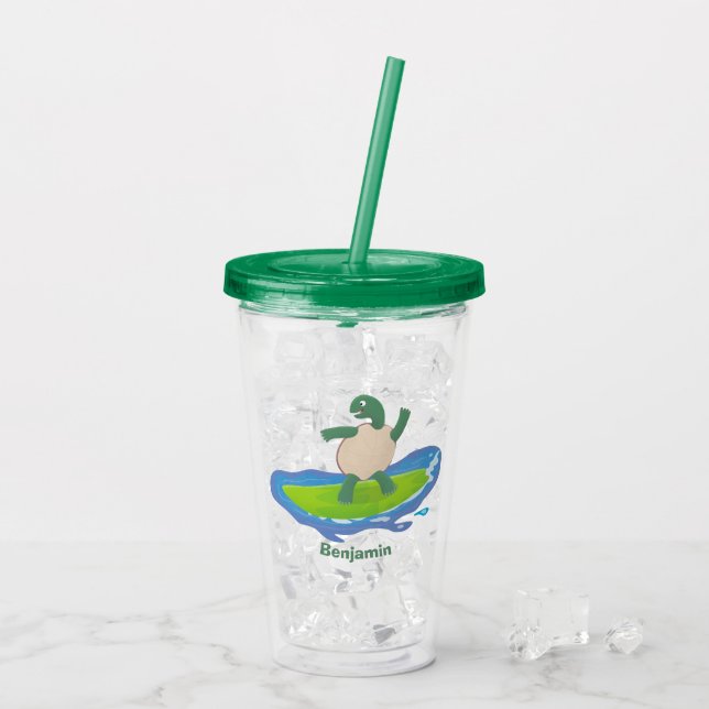Funny tortoise wave surfing Cartoon Acryltrinkbecher (Rückseite Ice)