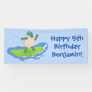 Funny tortoise wave surfing Cartoon Banner
