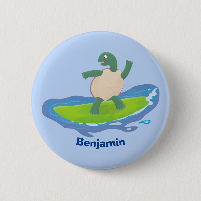 Funny tortoise wave surfing Cartoon Button (Vorderseite)