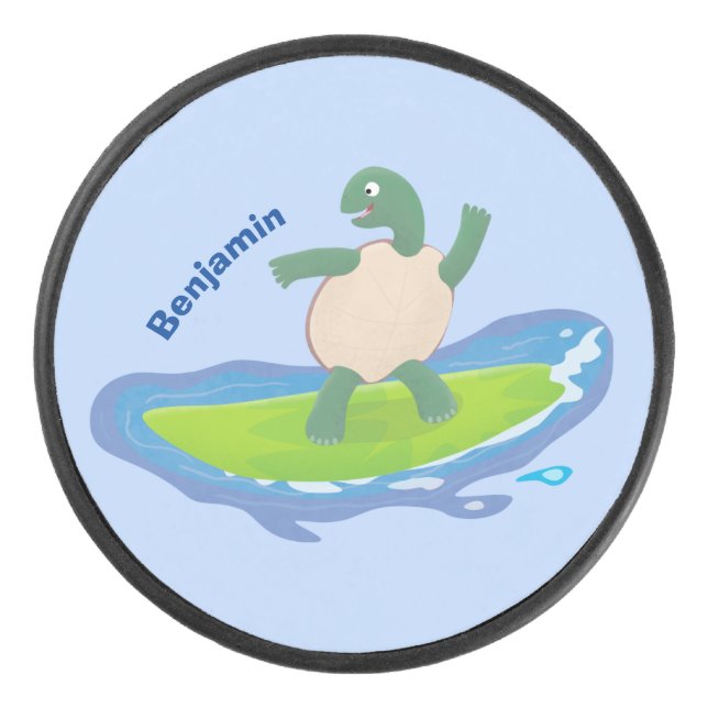 Funny tortoise wave surfing Cartoon Eishockey Puck (Vorderseite)