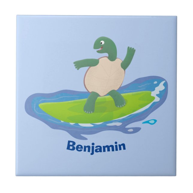 Funny tortoise wave surfing Cartoon Fliese (Vorderseite)