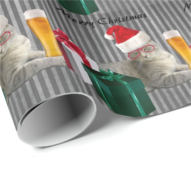 Funny trendy Christmas Santa Cat mit Bier Geschenkpapier (Rolleneckpunkt)