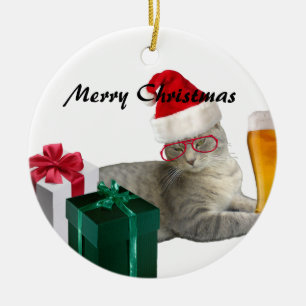 Funny trendy Christmas Santa Cat mit Bier Keramikornament