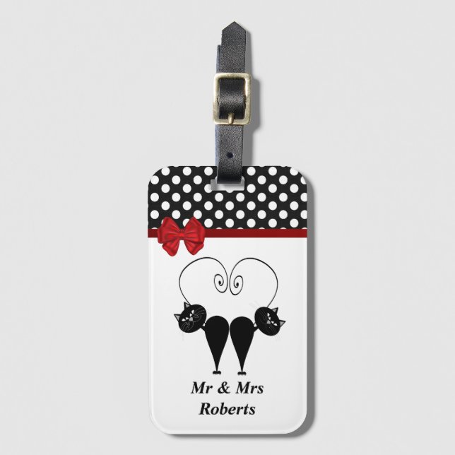 Funny Trendy niedliche Katzenpaare Monogramm Polka Gepäckanhänger (Vorderseite Vertikal)