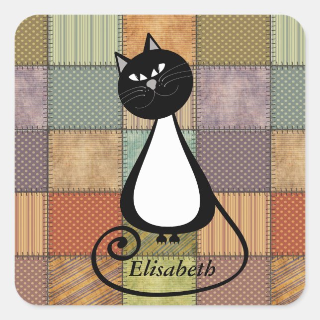 Funny trendy whimsical Cartoon Cat personalisiert Quadratischer Aufkleber (Vorderseite)