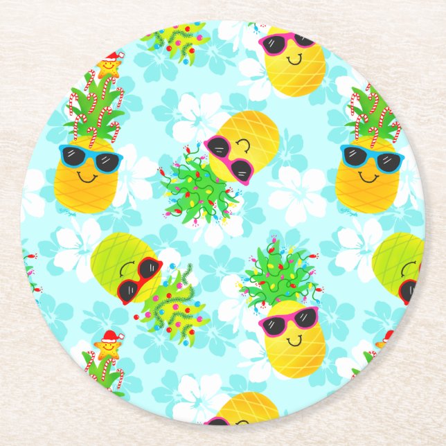 Funny Tropical Christmas Pineapples Runder Pappuntersetzer (Vorderseite)