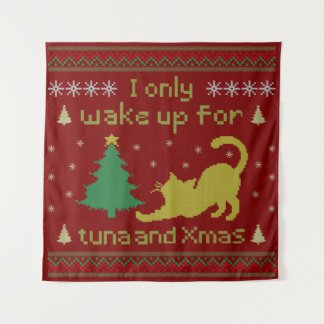 Funny Tuna Christmas Cat – Ugly Xmas Pixel Style Wandteppich