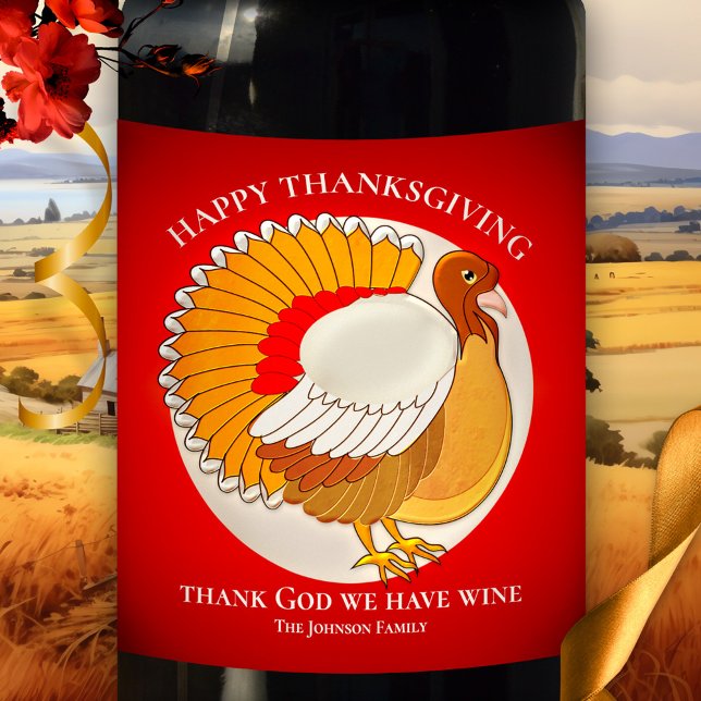 Funny Turkey Erntedank Personalisiertes Weinetiket Weinetikett (Wine label featuring a colorful image of a turkey with your own (funny) texts.)