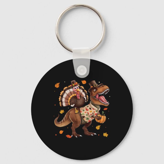 Funny Turkey Riding Dinosaur T Rex Thanksgiving Bo Schlüsselanhänger (Vorderseite)
