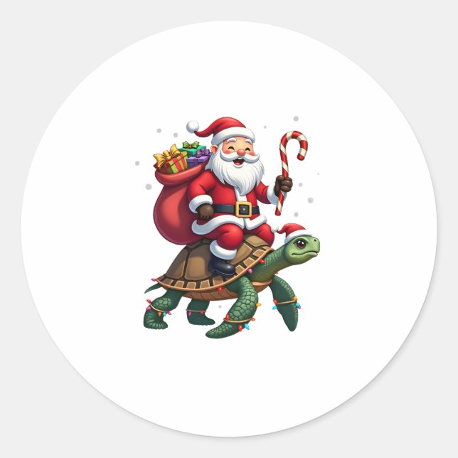 Funny Turtle Christmas Santa Riding Sea Turtle Xma Runder Aufkleber (Vorderseite)