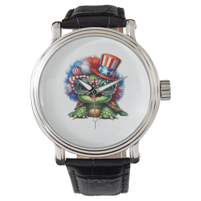 Funny Turtle Patriotic USA Flag Sunglass Armbanduhr (Vorderseite)