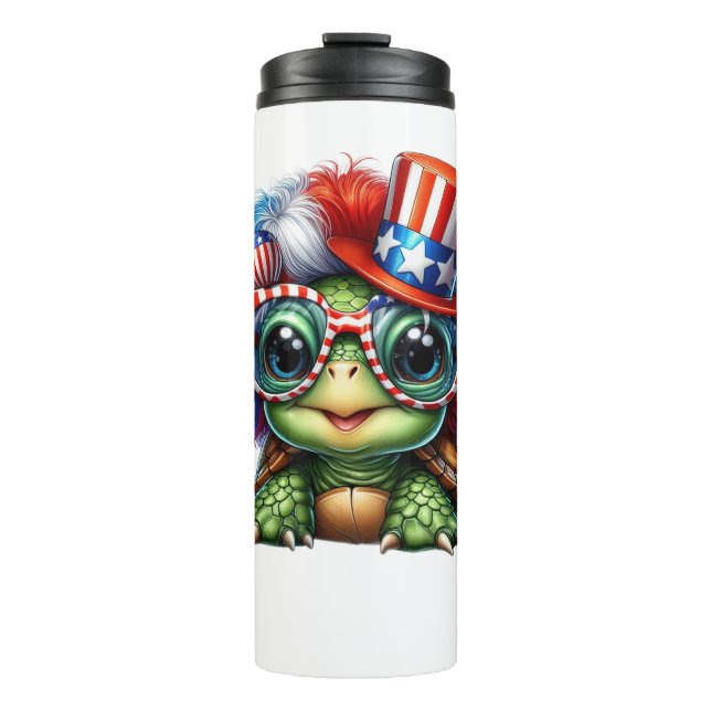 Funny Turtle Patriotic USA Flag Sunglass Thermosbecher (Vorderseite)