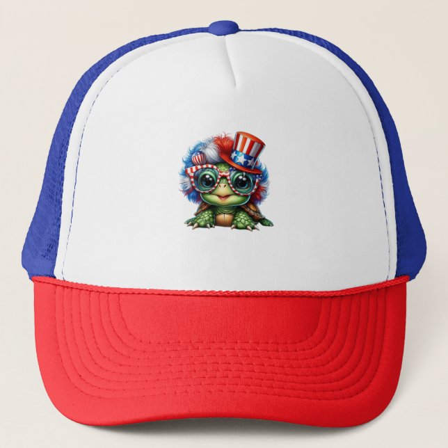 Funny Turtle Patriotic USA Flag Sunglass Truckerkappe (Vorderseite)