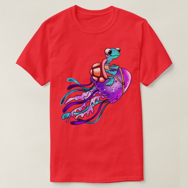 Funny Turtle Riding Jellyfish T-Shirt (Design vorne)