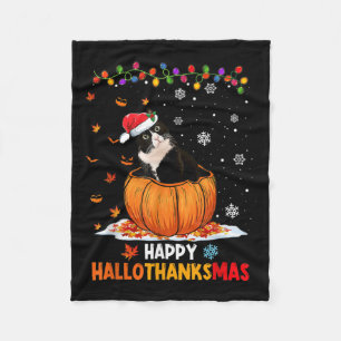 Funny Tuxedo Cat On Pumpkin Happy Hallothanksmas m Fleecedecke