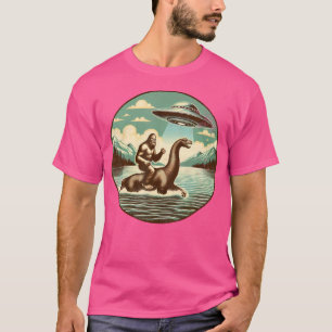 Funny Ufo Bigfoot Riding Loch Ness Monster. Bigfoo T-Shirt