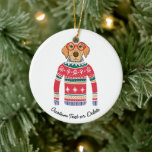 Funny Ugly Christmas Sweater, Hund mit Brille Keramik Ornament<br><div class="desc">Funny Winter Weihnachtsbaum-Ornament mit einem Hund mit roter Brille und einem "Ugly" Weihnachtskraut. Eigentlich denken wir, dass er ziemlich niedlich ist! Fügen Sie unten Ihren benutzerdefinierten Text hinzu oder löschen Sie ihn. Ein perfektes Weihnachtsgeschenk für Hundefreunde. Auch als ein Gefallen für ein Ugly Weihnachten Party und White Elephant Urlaub oder...</div>