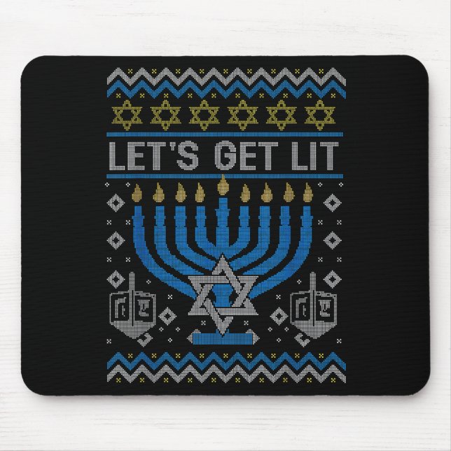 Funny Ugly Hanukkah Sweater Lets Get Lit Menorah J Mousepad (Vorne)