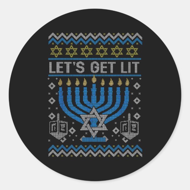 Funny Ugly Hanukkah Sweater Lets Get Lit Menorah J Runder Aufkleber (Vorderseite)