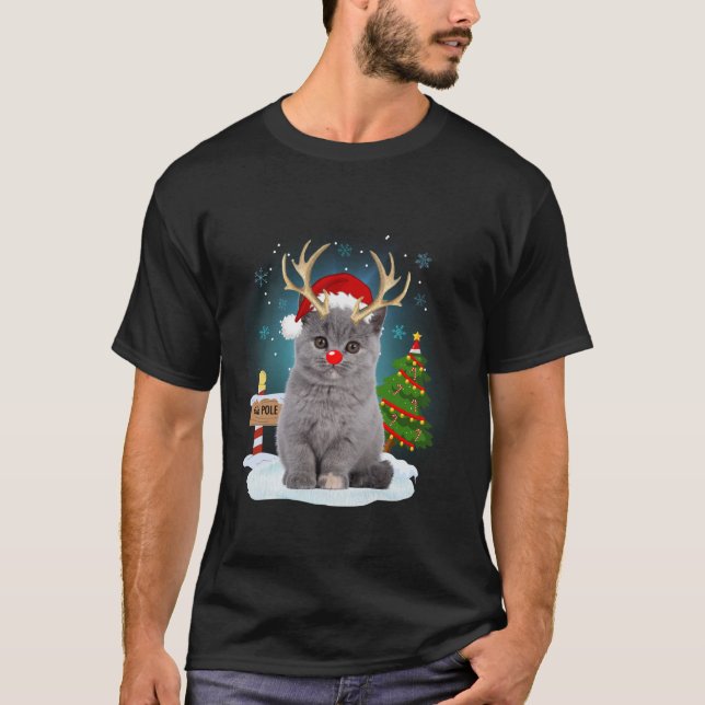 Funny Ugly Sweater Cat Reindeer North Pole Christm T-Shirt (Vorderseite)